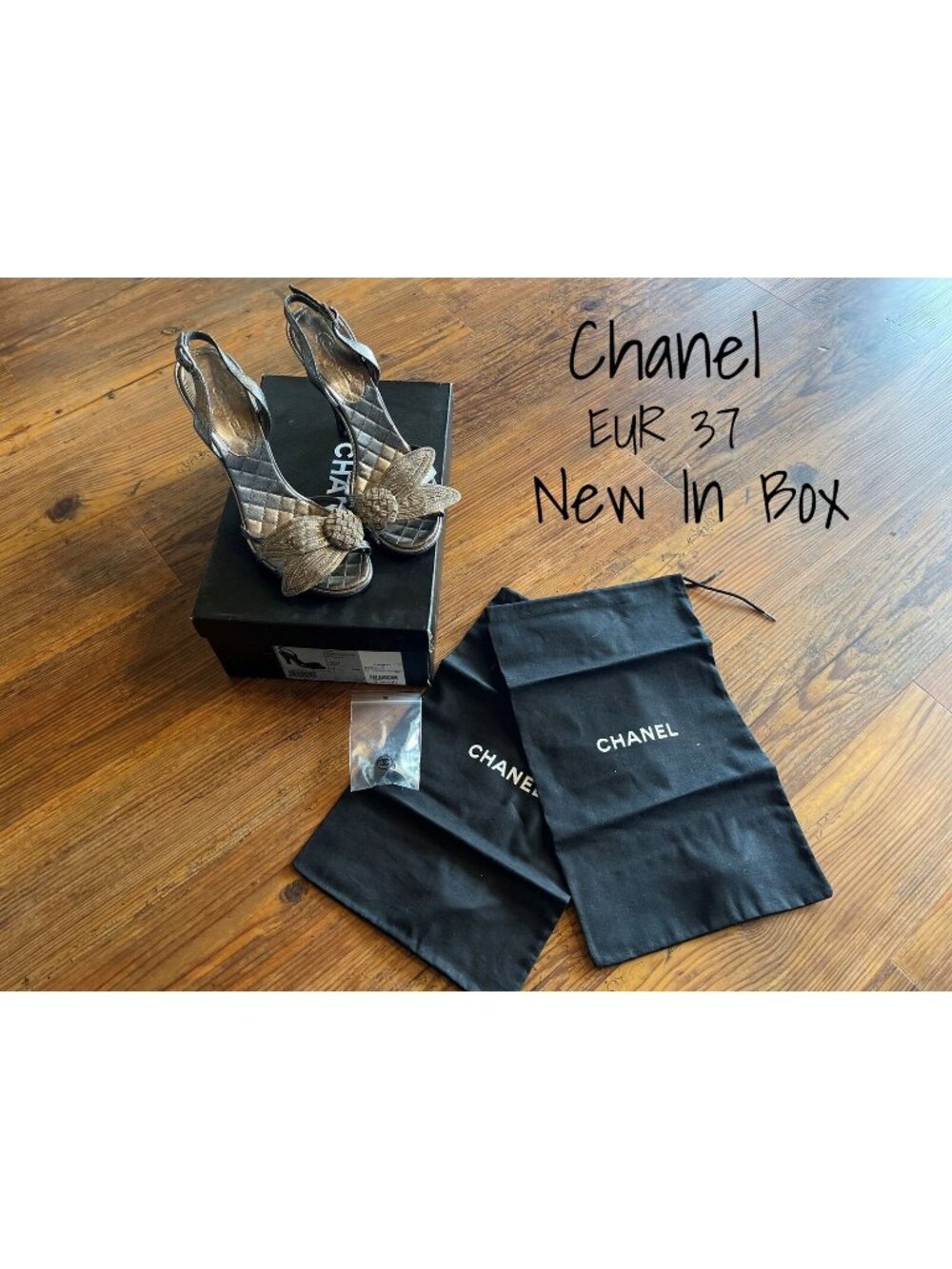 Authentic Chanel Silver Arget Leaf High Heel Evening Sandals 37 EU New In Box